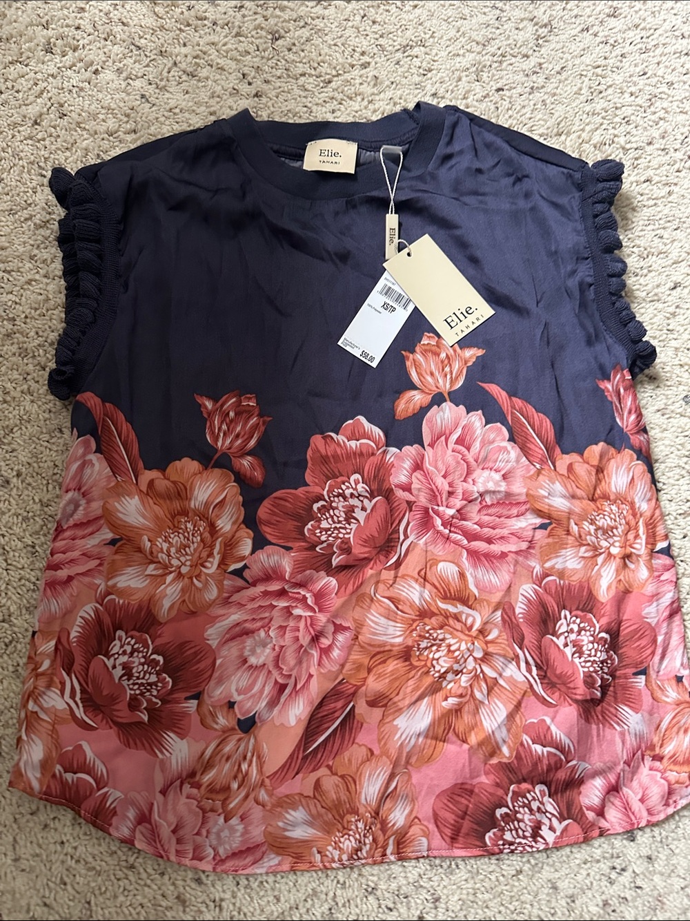 Elie Tahari Navy Floral Sleeveless Top - Pink & Coral Bloom